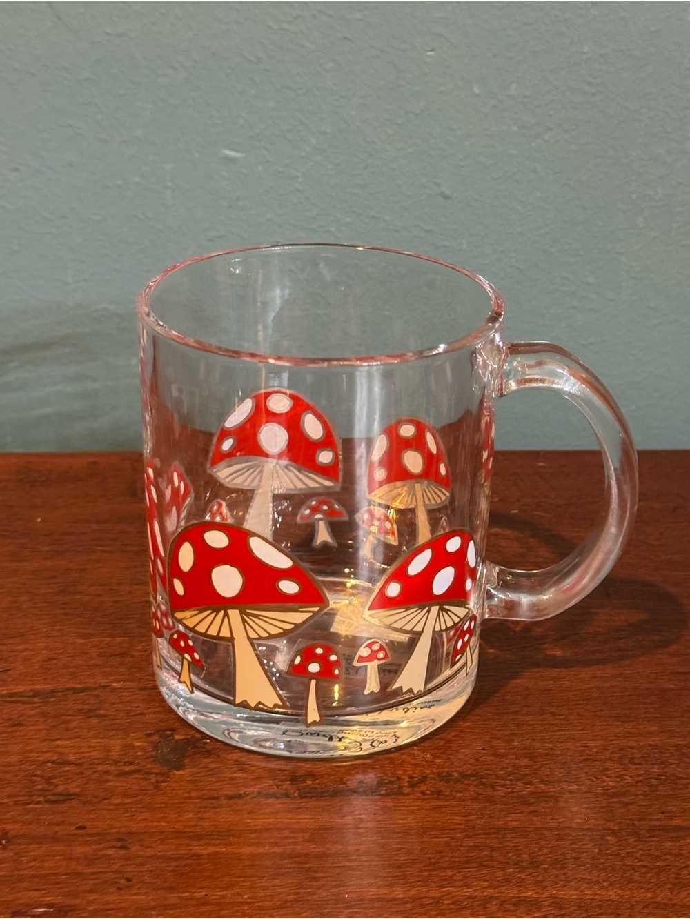 Cute Clear glass red mushroom mug gold trimmed etched
